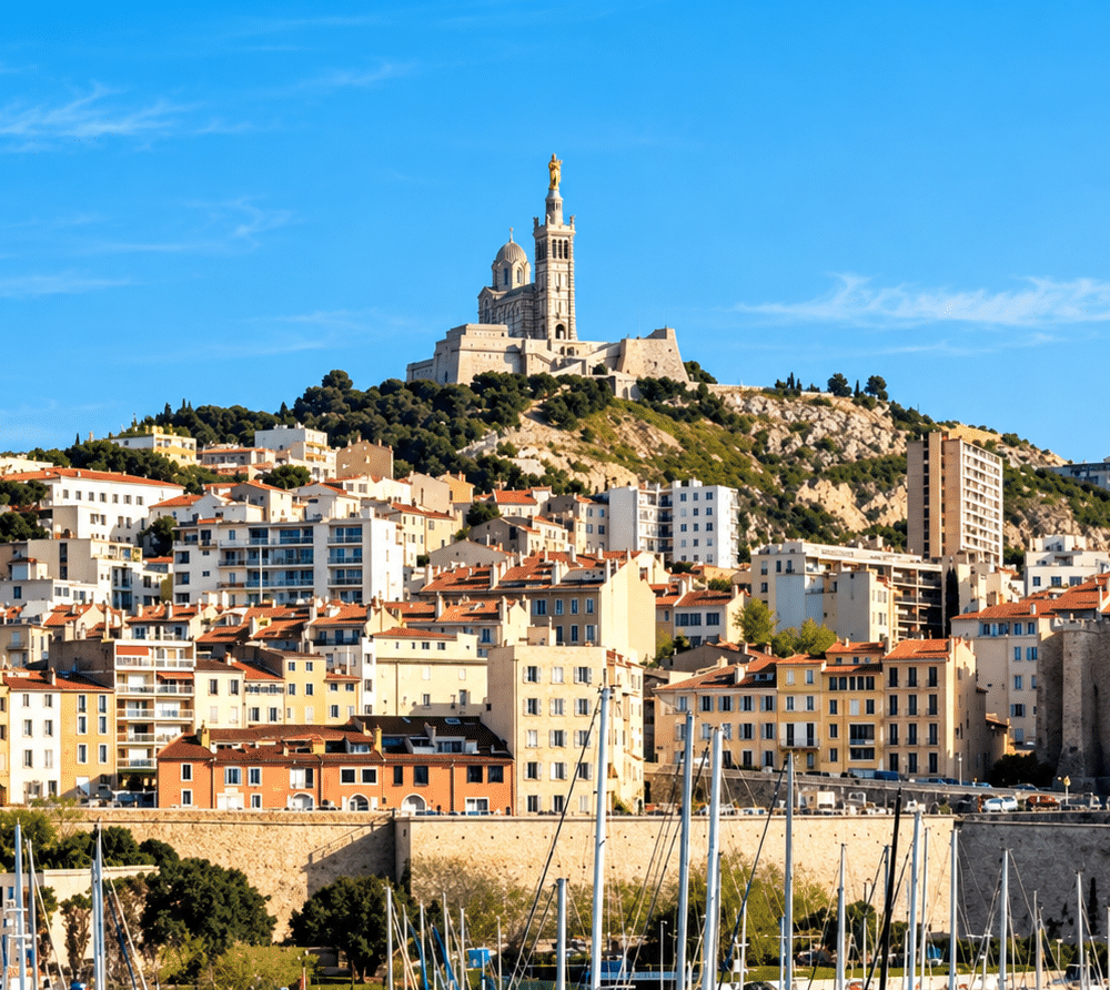 Panorama méditerranéen avec basilique et marina